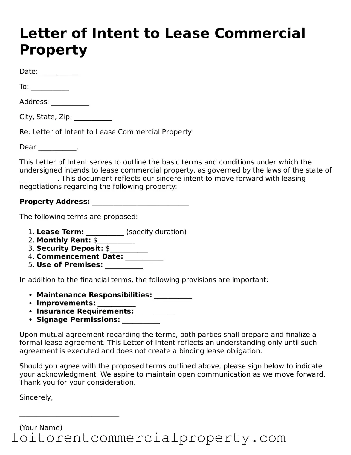 Printable Letter of Intent to Lease Commercial Property Template